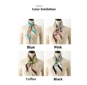 Detailed color display of patterned silk scarves in blue pink coffee and black