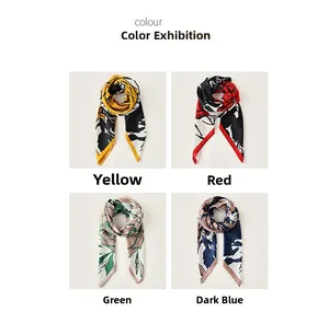 Four floral print faux silk scarves shown in yellow, red, green, and navy blue patterns