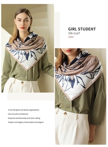 Close-up of geometric floral silk scarf with glossy texture on a green utility shirt