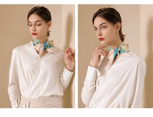 Floral silk scarf styled as an elegant necktie with blue and pink flower patterns