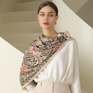 Square Scarf Faux Satin Floral Print Retro Bohemian Style Large Shawl Wraps Elegant Hair Head Accessories For Women