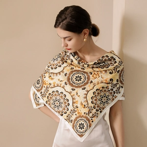 90cm bohemian floral satin silk scarf for women featuring mandala prints in ginger gold
