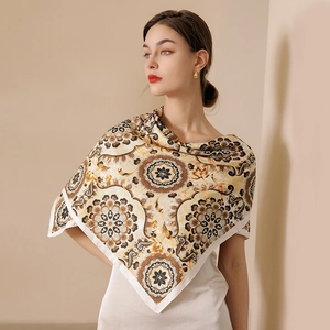 Elegant 90cm square silk scarf with vintage floral mandala print and satin finish