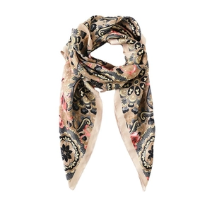 Silk-like square scarf featuring vintage floral mandala patterns and a cream border