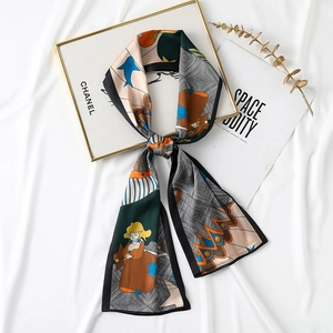 Foulard étroit artistique en soie aux motifs de dessins animés sur fond texturé blanc