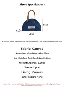 Size chart for blue canvas handbag with dimensions 20x11x7cm and zipper closure