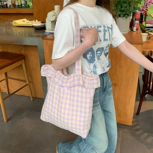 Chic lavender and yellow checkered canvas tote bag with ruffled edges for daily commute