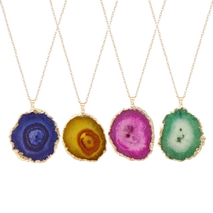 Colorful irregular crystal flower pendants with electroplated gold edges on thin chains
