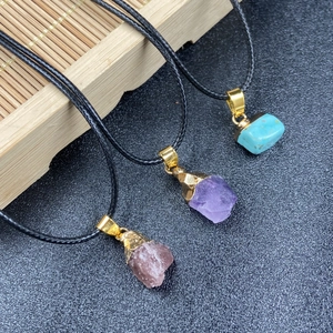 Raw Amethyst Strawberry Quartz Turquoise Stone Pendant Necklace Natural Gemstone Jewelry With Alloy Bail And Black Wax Cord