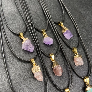 Natural amethyst and turquoise raw stone pendant necklaces with black cord straps
