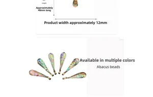 Detail view of colorful abalone shell teardrop pendants showing 48mm x 12mm dimensions