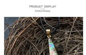 Macro shot of long teardrop abalone shell pendant with golden edges on black cord