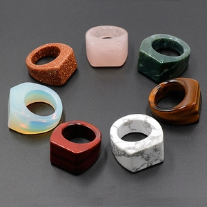 Set of 7 square natural stone rings in various colors including tiger eye and rose quartz