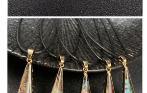 Close-up of five triangular abalone shell pendants with golden frames on black cords