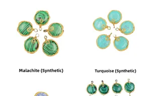 Detailed view of handmade copper wire wrapped synthetic malachite and turquoise pendants