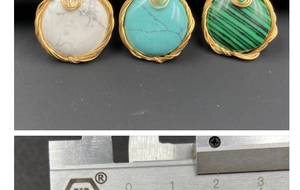 Detail view of handmade copper wire wrapped semi-precious stone pendant with measurement