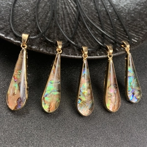 Natural Abalone Shell Teardrop Pendant Necklace Gold Edged Metal Black Wax Rope Cord Bohemian Jewelry For Women
