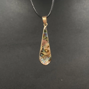 Long teardrop abalone shell necklace with golden trim and black woven cord strap