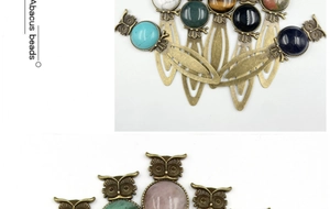 Detail of vintage owl bookmarks with abacus beads and various inlaid natural gemstones