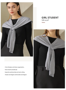 Detailed texture of high-density gray knitted shawl scarf draped over a black sweater