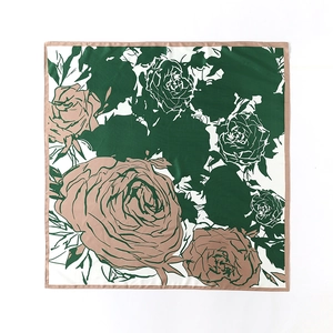 Green and beige silk-like large square scarf with artistic rose floral print for women