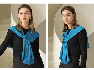 Detail of teal knit shawl with vertical ribbing texture and ribbed edge finish