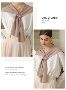 Close-up of lightweight khaki knitted shawl with ribbed edges over a white shirt