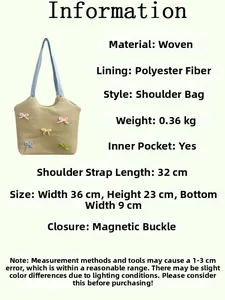 Detailed chart showing size and specifications for the woven shoulder bag with bows