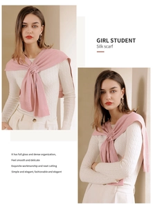 Detail showing various ways to wear a soft pink silk shawl with elegant knitwear