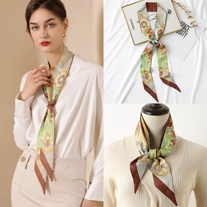 Long Narrow Floral Scarf Women Imitation Satin Twilly Hair Band Bag Ribbon Elegant Vintage Floral Printed Neck Scarf