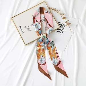 Floral silk-like skinny scarf with pink lily print and brown borders on white satin
