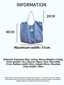 Detailed size chart for blue checkered tote bag with dimensions and material info