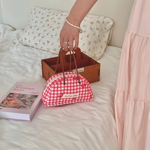 Retro red checkered cotton handbag with embroidery bow and zipper closure for women