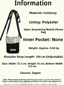 Detail view of black polka dot corduroy phone bag with white lace trim and zipper closure