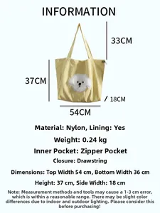 Detailed view of yellow nylon tote bag size dimensions and internal zipper pocket features
