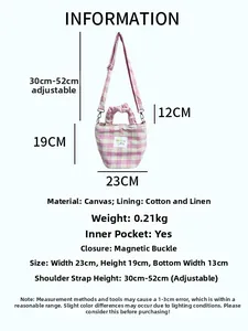 Detailed size chart for pink plaid canvas bag with dimensions and material specs