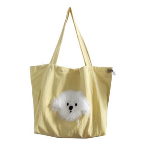 Yellow canvas tote bag with 3D plush puppy patch and drawstring closure for women