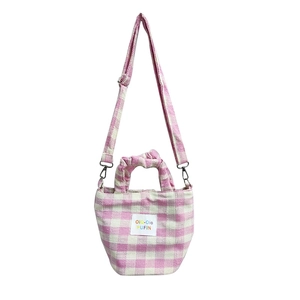 Pink and beige plaid checkered handbag with top handle and adjustable shoulder strap