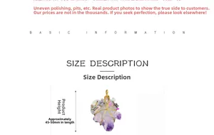 Detailed size chart for the amethyst pendant necklace showing dimensions of 45-50mm