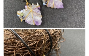 Detail of wire-wrapped raw purple amethyst pendant with small colorful beads on cord