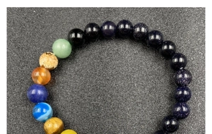 Gros plan de perles en pierres fines de 8mm montrant l'oeil de tigre et le lapis-lazuli