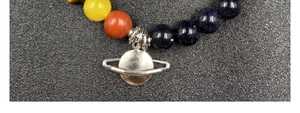 Vue macro du bracelet système solaire montrant des perles et un pendentif Saturne