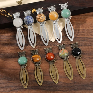 Vintage Owl Zinc Alloy Natural Stone Bookmark Antique Bronze Silver Finish Gemstone Book Clips Readers Student Office Supplies