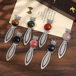 Set of 7 vintage owl metal bookmarks with inlaid natural crystals and semi-precious stones