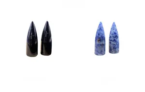 Detail showing polished Blue Goldstone and Blue Spot Jade bullet-shaped energy stones