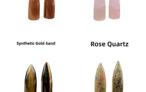 Polished bullet-shaped crystal stones in Goldstone, Rose Quartz, Tiger Eye, and Unakite