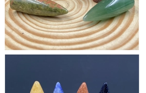 Detailed macro view of polished crystal bullet points in various semi-precious stones
