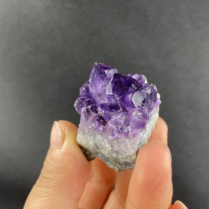 Spécimen de cristal d'améthyste naturelle tenu à la main avec texture de druse violette
