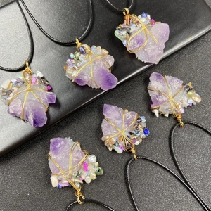 Natural Amethyst Raw Stone Pendant Necklace With Freshwater Pearl Handmade Gold Wire Wrapped Bohemian Jewelry For Women