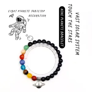 Bracelet système solaire en perles de cristal naturel avec pendentif planète argent